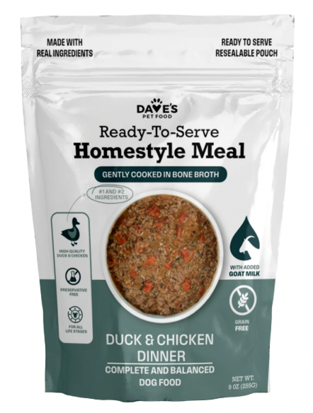 Dave's Pet Food Ready To Serve Homestyle Meal, 9 oz pouch - Grain Free Goat Milk, Duck & Chicken