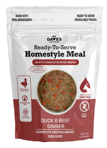 Dave's Pet Food Ready To Serve Homestyle Meal, 9 oz pouch - Grain Free Goat Milk, Duck & Beef