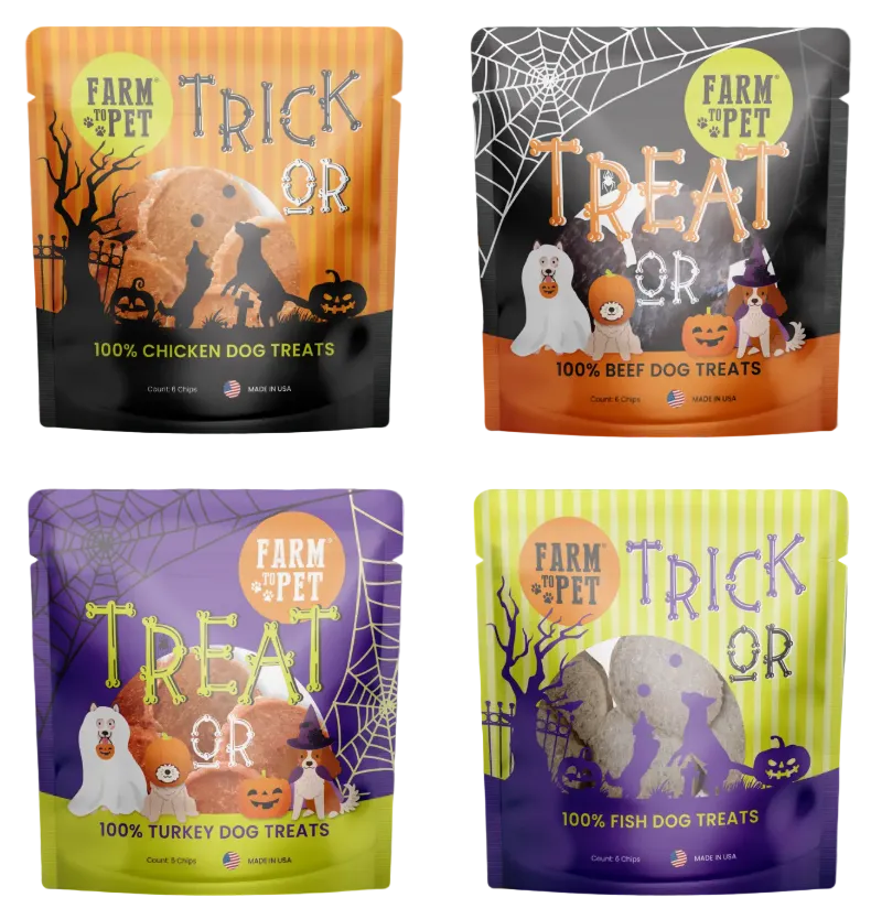 Farm To Pet, Halloween Trick or Treat Snack Packs (Beef, Chicken, Fish, Turkey)