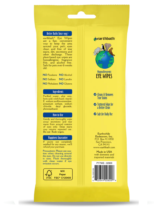 Earthbath Eye Wipes for Dogs & Cats, 30 count