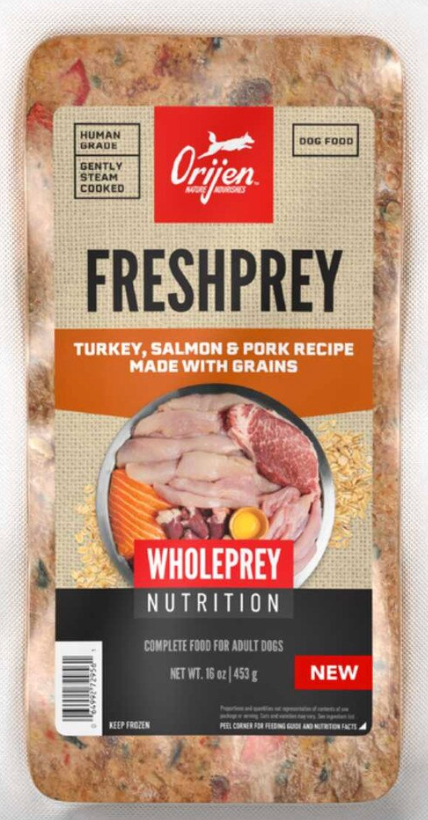 Orijen FreshPrey Turkey, Salmon, Pork & Grains Steam-Cooked/Frozen Dog Food, 1 lb.