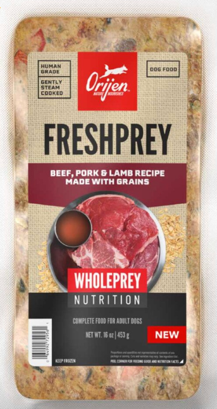 Orijen FreshPrey Beef, Pork, Lamb & Grains Steam-Cooked/Frozen Dog Food, 1 lb.