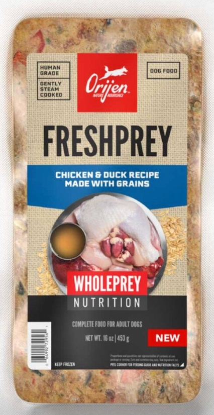 Orijen FreshPrey Chicken, Duck & Grains Steam-Cooked/Frozen Dog Food, 1 lb.