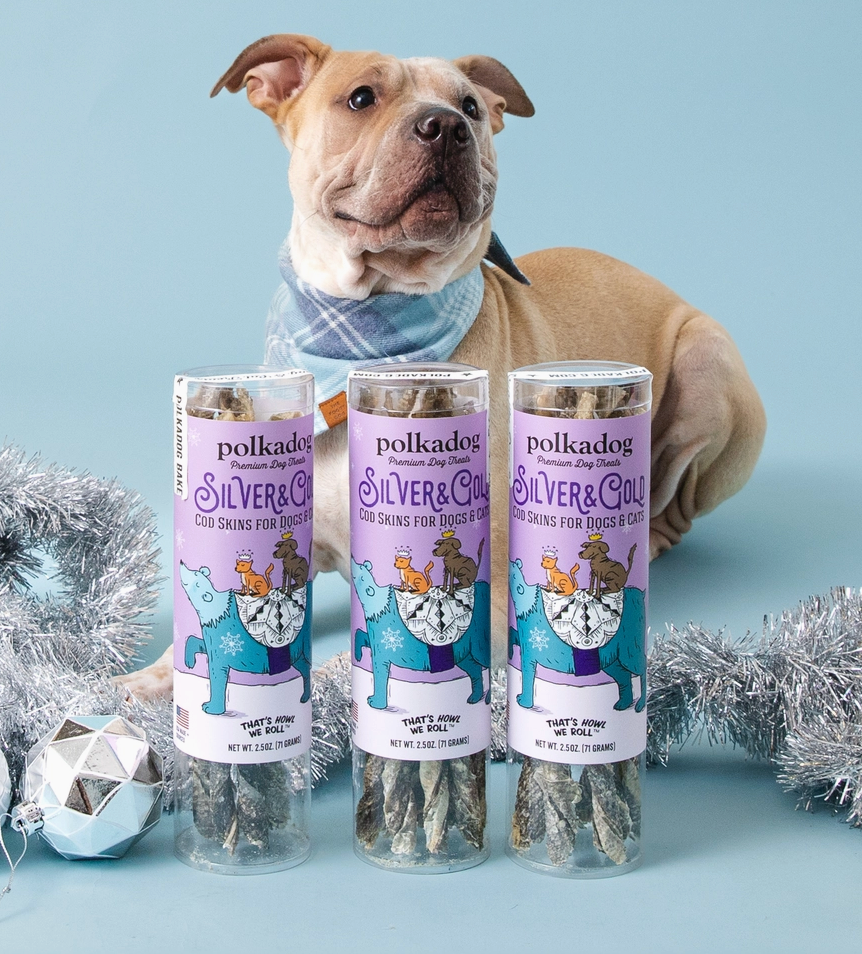 PolkaDog Wonder Nuggets "Silver & Gold," 2.5 oz Holiday Cod Skins Dog Treats