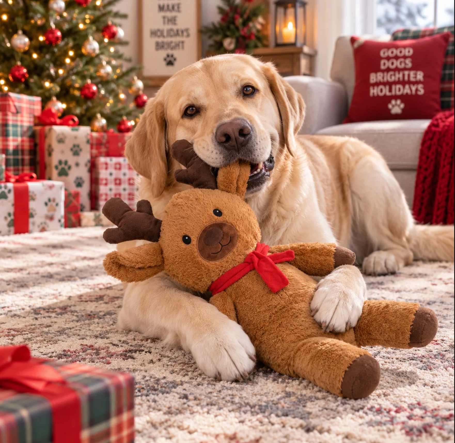 PetLou Cozy Christmas Reindeer, 16" Plush Holiday Dog Toy