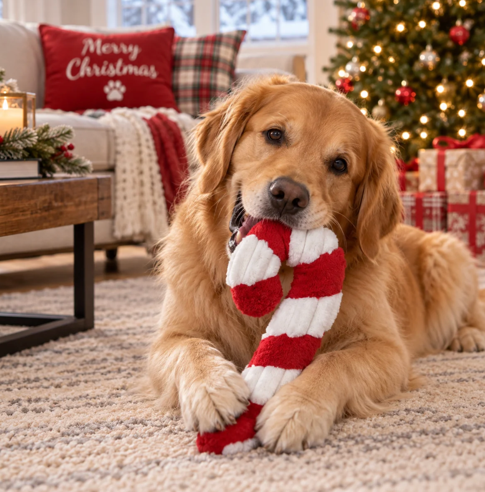 PetLou Cozy Christmas Candy Cabe, 16" Plush Holiday Dog Toy