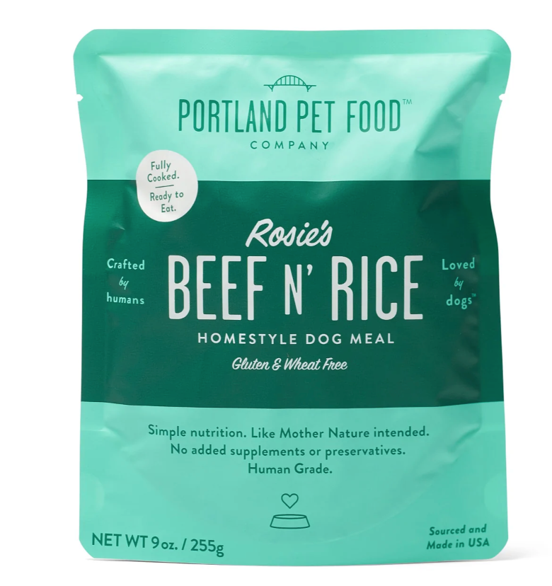 Portland Pet Food "Rosie's Beef N' Rice" Wet Dog Food Meal, 9-oz pouch