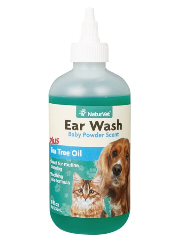 NaturVet Ear Wash Plus Tea Tree Oil for Dogs and Cats, Baby Powder Scent