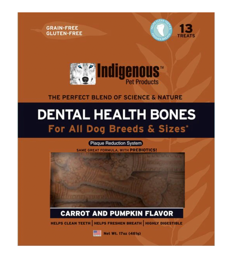 Indigenous Pet Dental Health Dog Bones 13 count, Carrot Pumpkin flavor