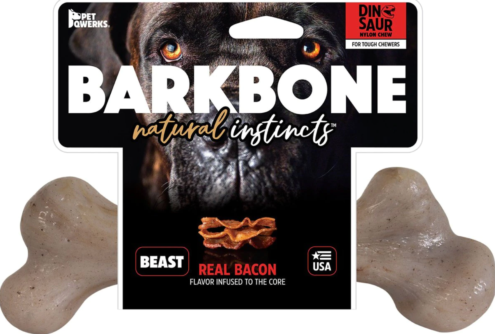 PetQwerks "BarkBone" Dinosaur Dog Chew Toy - Medium, Large, Beast - BACON
