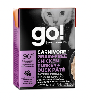Petcurean Go! Solutions Carnivore Grain Free Chicken, Turkey & Duck Pate for Cats, 6.4 oz.